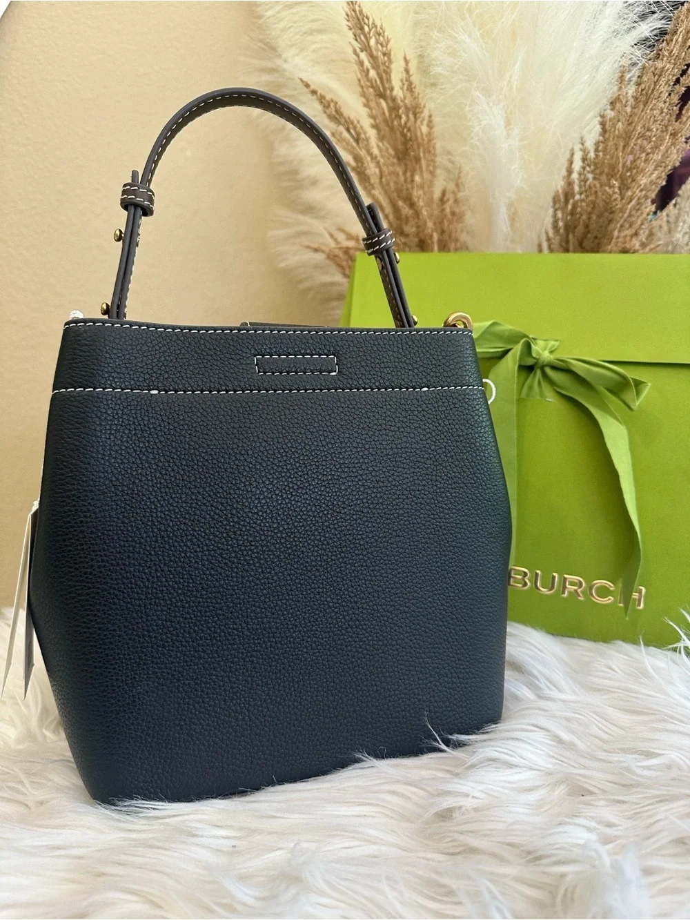 Tory Burch Black Leather Bucket Shoulder Bag with Gold Logo